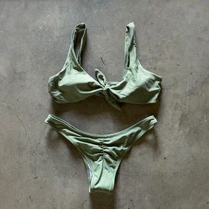 Olive Green Front Tie Thong Bikini